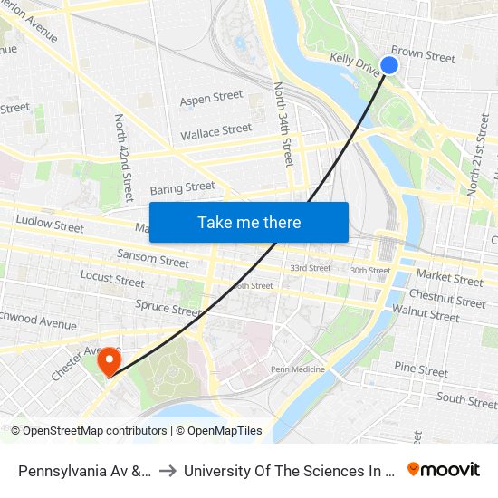 Pennsylvania Av & 27th St to University Of The Sciences In Philadelphia map