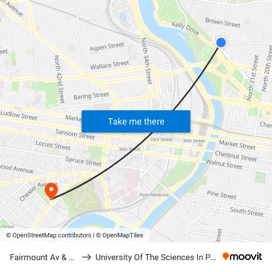 Fairmount Av & 25th St to University Of The Sciences In Philadelphia map
