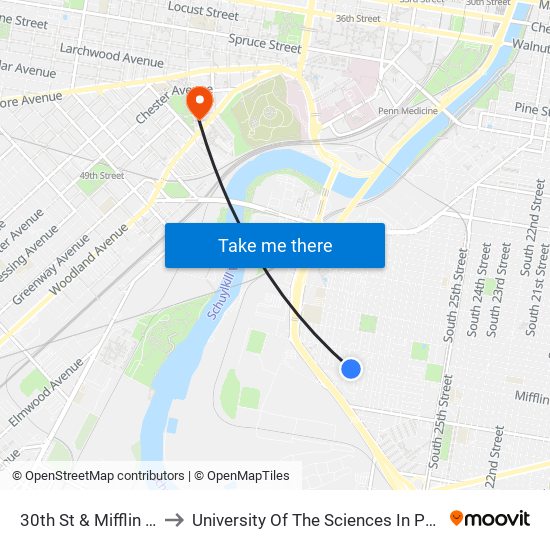 30th St & Mifflin St - FS to University Of The Sciences In Philadelphia map