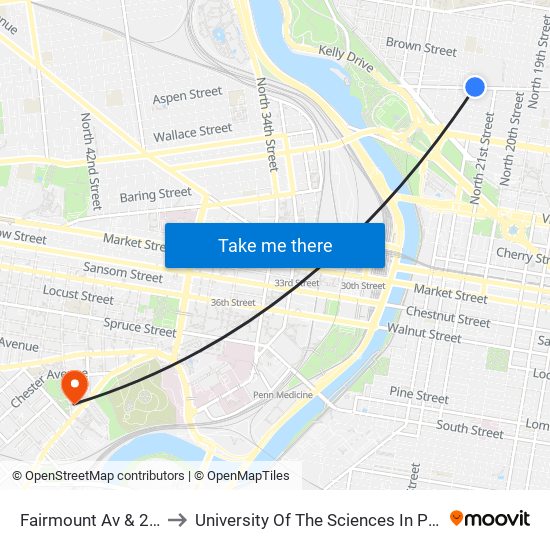 Fairmount Av & 22nd St to University Of The Sciences In Philadelphia map