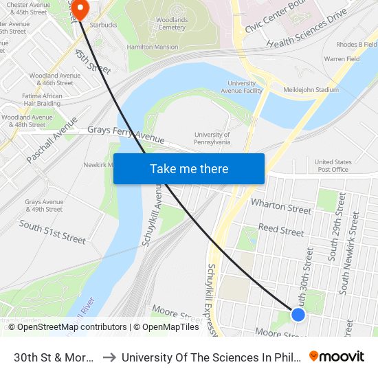 30th St & Morris St to University Of The Sciences In Philadelphia map