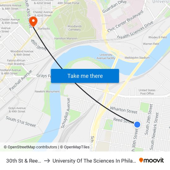 30th St & Reed St to University Of The Sciences In Philadelphia map