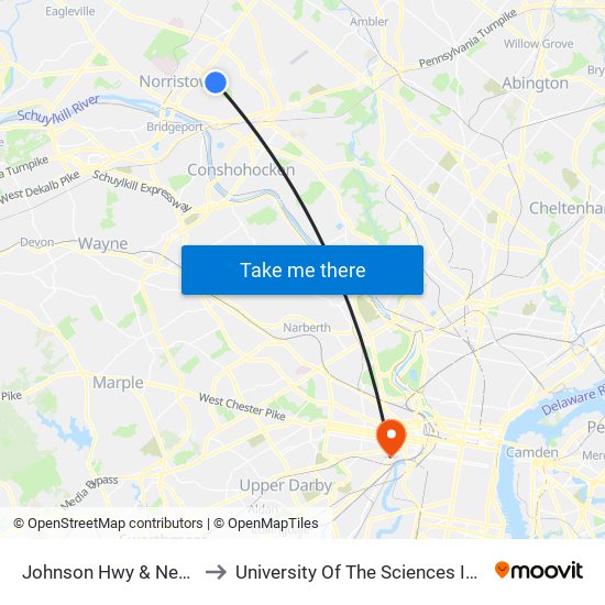 Johnson Hwy & New Hope St to University Of The Sciences In Philadelphia map