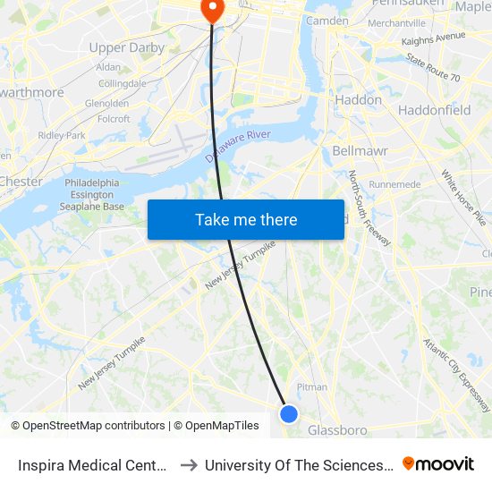 Inspira Medical Center Mullica Hill to University Of The Sciences In Philadelphia map