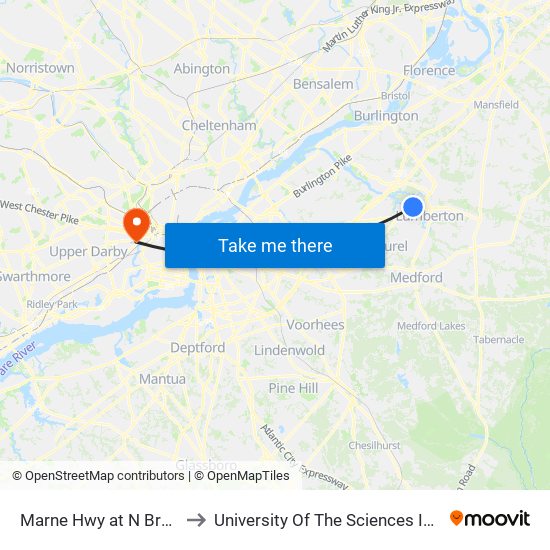 Marne Hwy at N Broad Street to University Of The Sciences In Philadelphia map