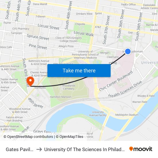 Gates Pavilion to University Of The Sciences In Philadelphia map