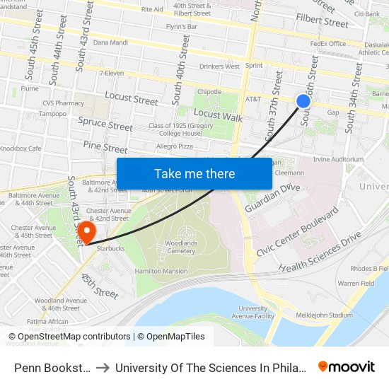 Penn Bookstore to University Of The Sciences In Philadelphia map
