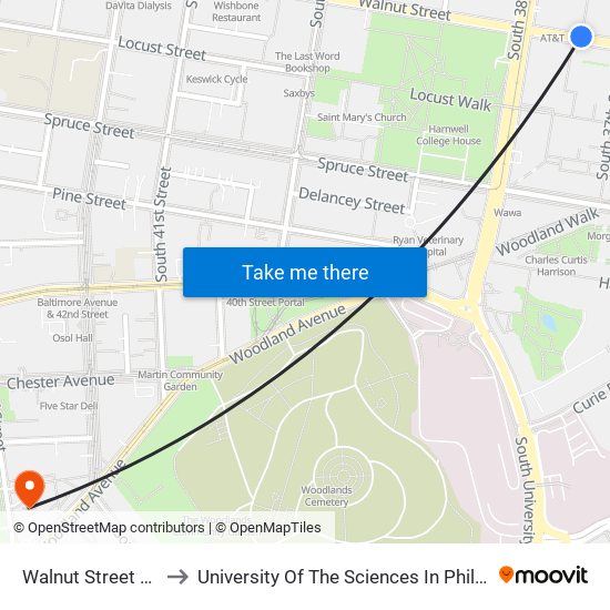 Walnut Street 3713 to University Of The Sciences In Philadelphia map