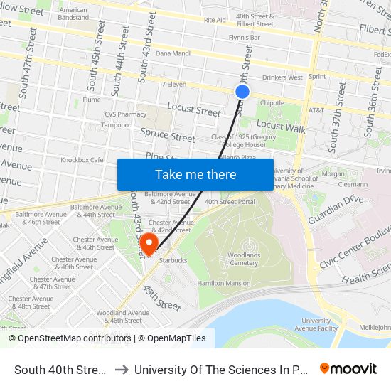 South 40th Street 135 to University Of The Sciences In Philadelphia map