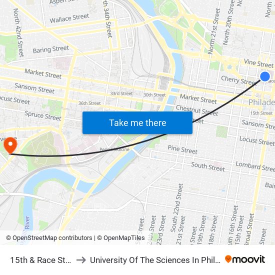 15th & Race Streets to University Of The Sciences In Philadelphia map