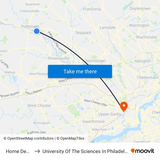 Home Depot to University Of The Sciences In Philadelphia map
