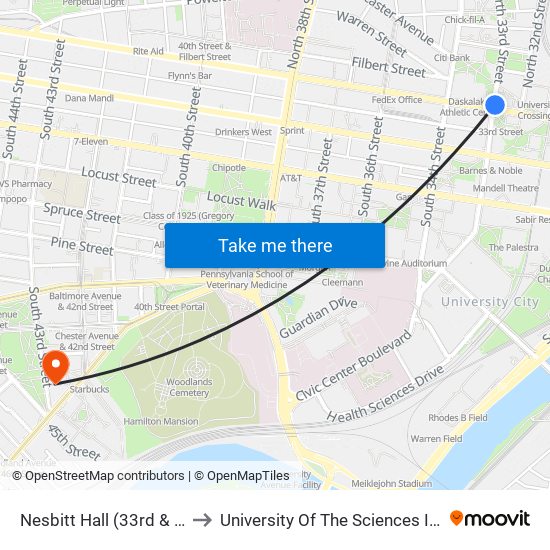 Nesbitt Hall (33rd & Market St) to University Of The Sciences In Philadelphia map