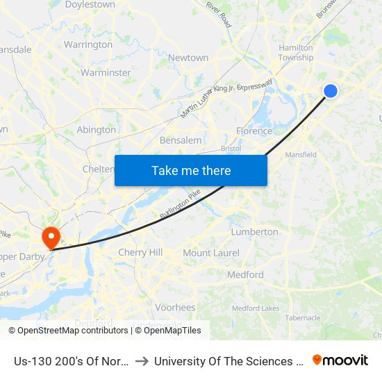 Us-130 200's Of North Fedex Dr to University Of The Sciences In Philadelphia map