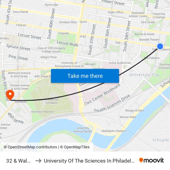 32 & Walnut to University Of The Sciences In Philadelphia map