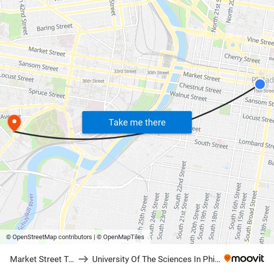 Market Street Trolley to University Of The Sciences In Philadelphia map