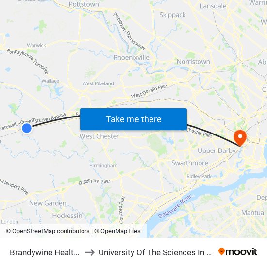 Brandywine Health Center to University Of The Sciences In Philadelphia map