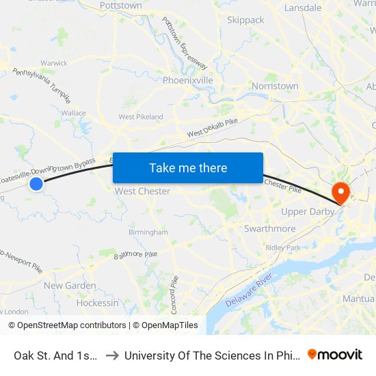 Oak St. And 1st Ave. to University Of The Sciences In Philadelphia map