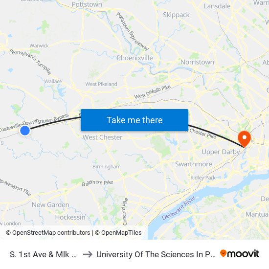 S. 1st Ave & Mlk Jr. Blvd to University Of The Sciences In Philadelphia map