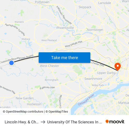 Lincoln Hwy. & Church St. to University Of The Sciences In Philadelphia map