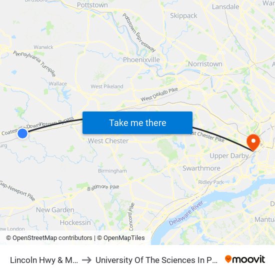 Lincoln Hwy & Main St. to University Of The Sciences In Philadelphia map