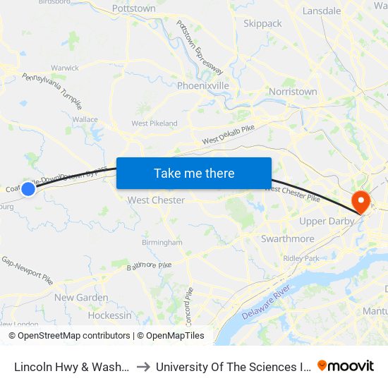 Lincoln Hwy & Washington Ave. to University Of The Sciences In Philadelphia map