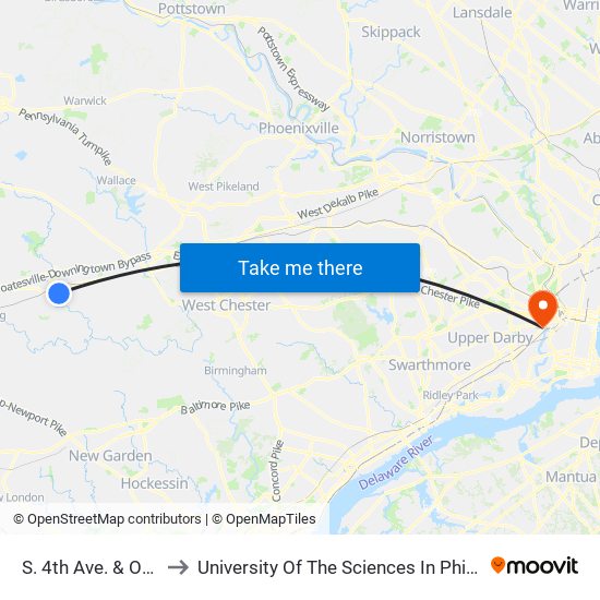 S. 4th Ave. & Oak St. to University Of The Sciences In Philadelphia map