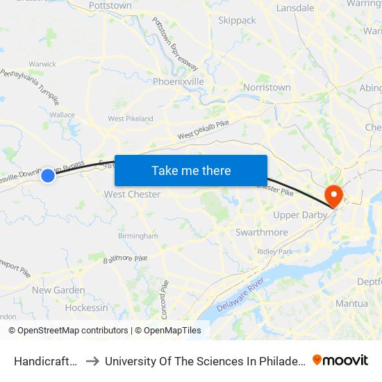 Handicrafters to University Of The Sciences In Philadelphia map