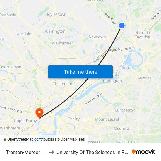 Trenton-Mercer Airport to University Of The Sciences In Philadelphia map