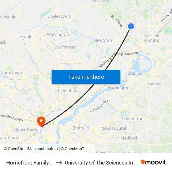 Homefront Family Campus to University Of The Sciences In Philadelphia map
