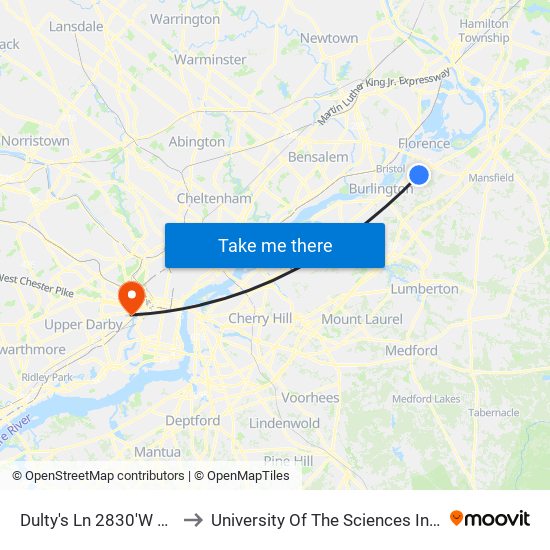 Dulty's Ln 2830'W Of Us 130 to University Of The Sciences In Philadelphia map