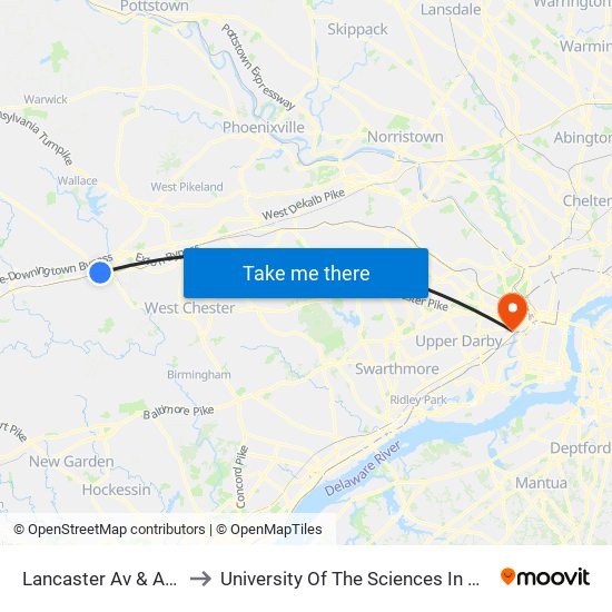 Lancaster Av & Aston Av to University Of The Sciences In Philadelphia map