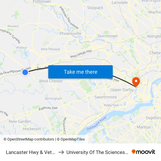 Lancaster Hwy & Veterans Dr - FS to University Of The Sciences In Philadelphia map