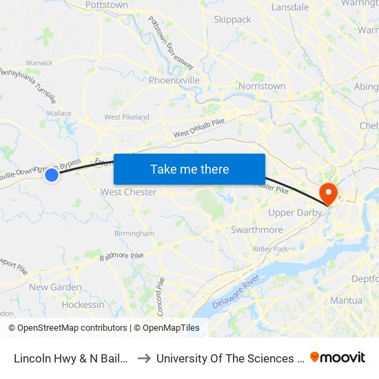Lincoln Hwy & N Bailey Rd - Mbns to University Of The Sciences In Philadelphia map