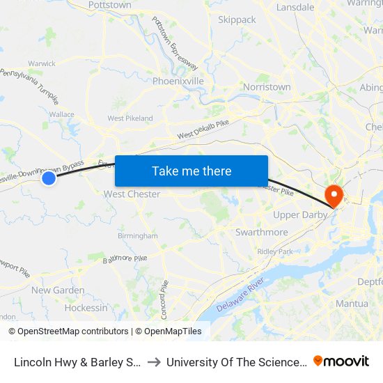 Lincoln Hwy & Barley Sheaf Rd - Mbns to University Of The Sciences In Philadelphia map
