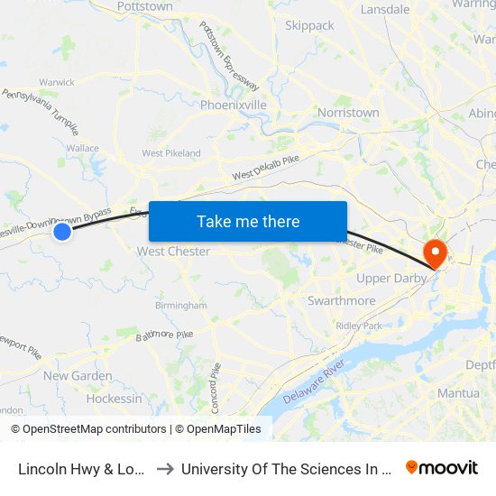 Lincoln Hwy & Loomis Av to University Of The Sciences In Philadelphia map