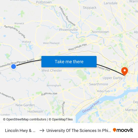 Lincoln Hwy & 5th Av to University Of The Sciences In Philadelphia map
