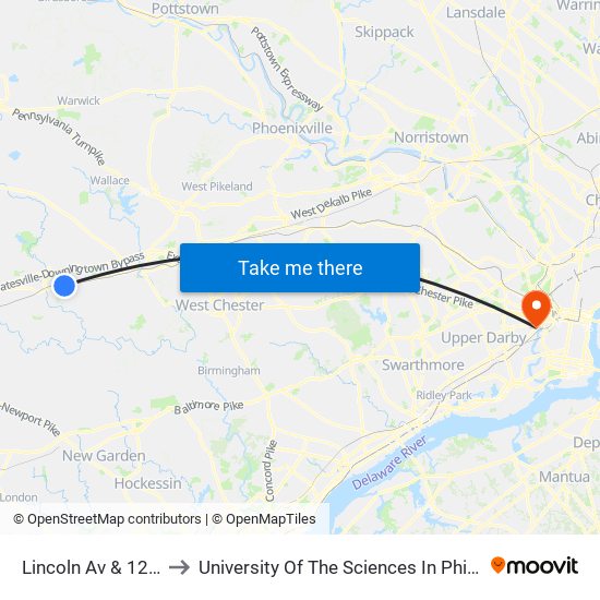 Lincoln Av & 12th Av to University Of The Sciences In Philadelphia map