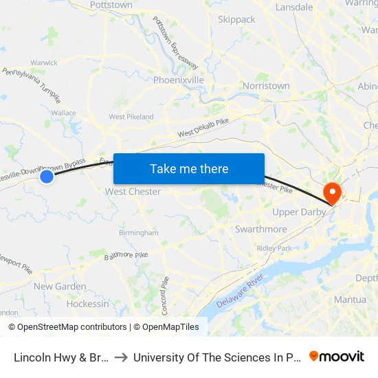 Lincoln Hwy & Broad St to University Of The Sciences In Philadelphia map