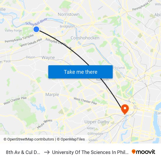 8th Av & Cul De Sac to University Of The Sciences In Philadelphia map