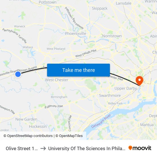 Olive Street 1651 to University Of The Sciences In Philadelphia map