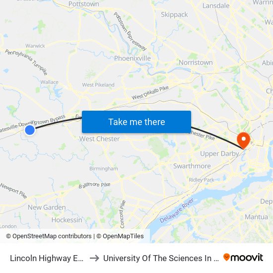 Lincoln Highway East 1300 to University Of The Sciences In Philadelphia map