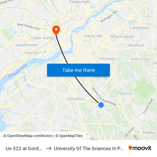Us-322 at  Gordon Ave to University Of The Sciences In Philadelphia map