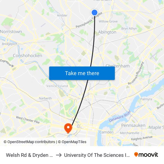 Welsh Rd & Dryden Rd - Mbns to University Of The Sciences In Philadelphia map