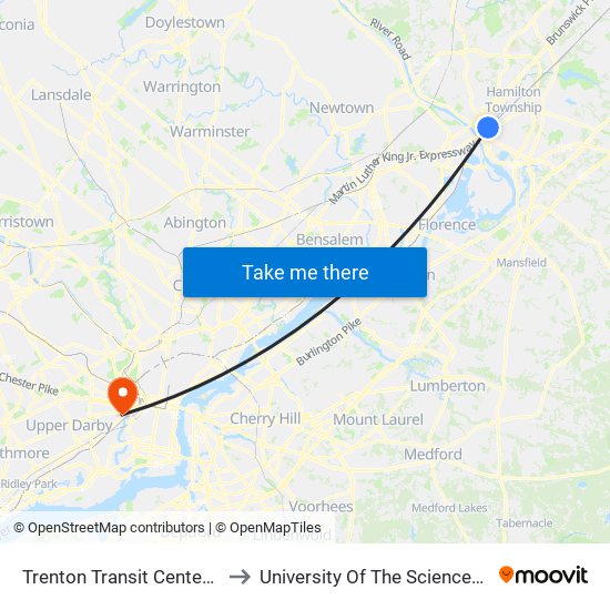 Trenton Transit Center Light Rail Sta to University Of The Sciences In Philadelphia map