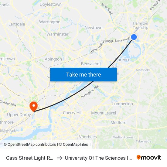 Cass Street Light Rail Station to University Of The Sciences In Philadelphia map