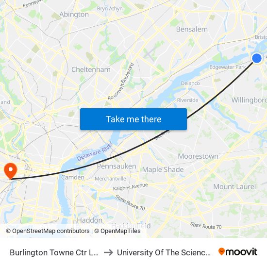 Burlington Towne Ctr Light Rail Station to University Of The Sciences In Philadelphia map