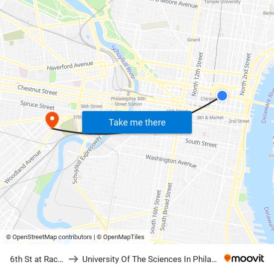 6th St at Race St to University Of The Sciences In Philadelphia map