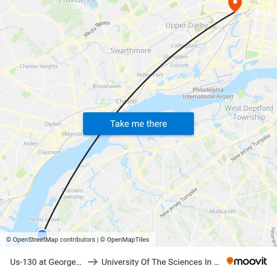 Us-130 at Georgetown Rd to University Of The Sciences In Philadelphia map