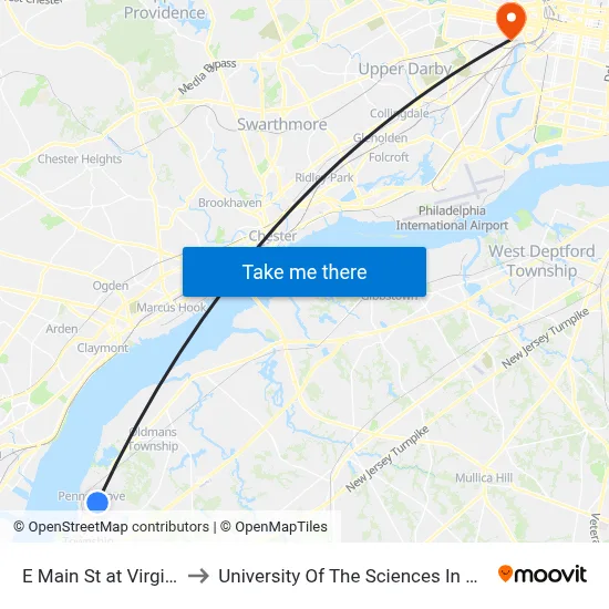 E Main St at Virginia Ave to University Of The Sciences In Philadelphia map