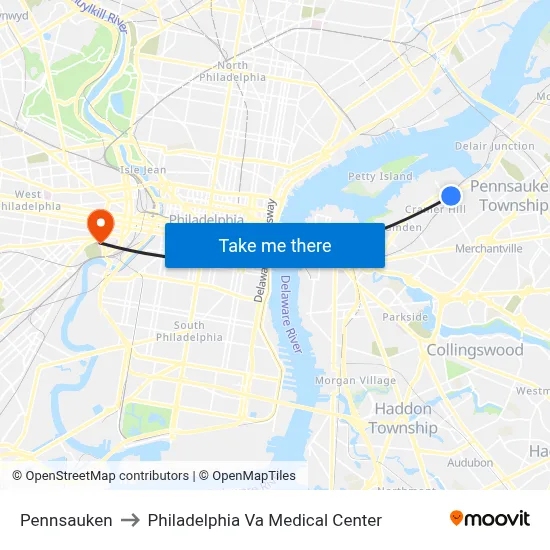 Pennsauken to Philadelphia Va Medical Center map